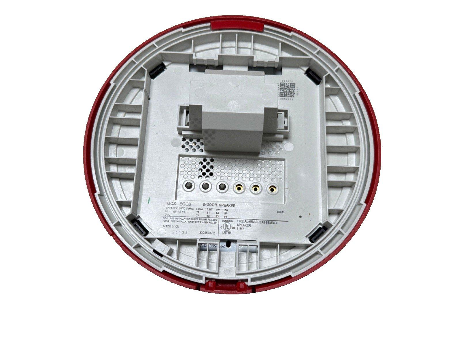 Red and white fire alarm speaker subassembly with mounting terminals and UL listing