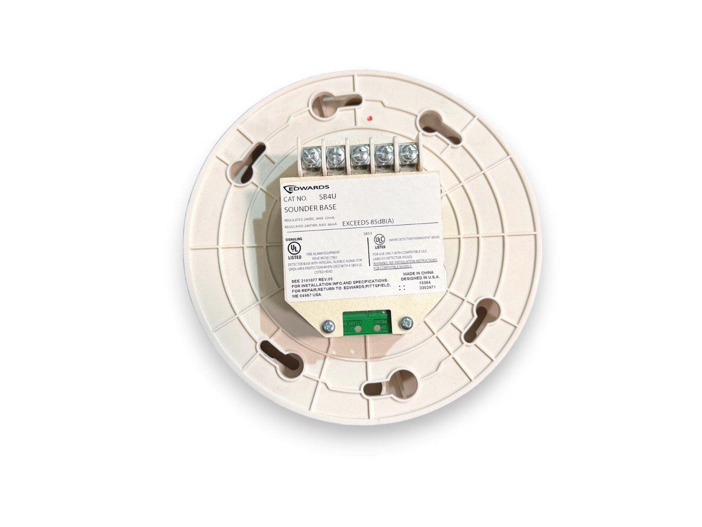 Edwards SB4U sounder base for fire alarm systems, UL listed with terminal connections and label details
