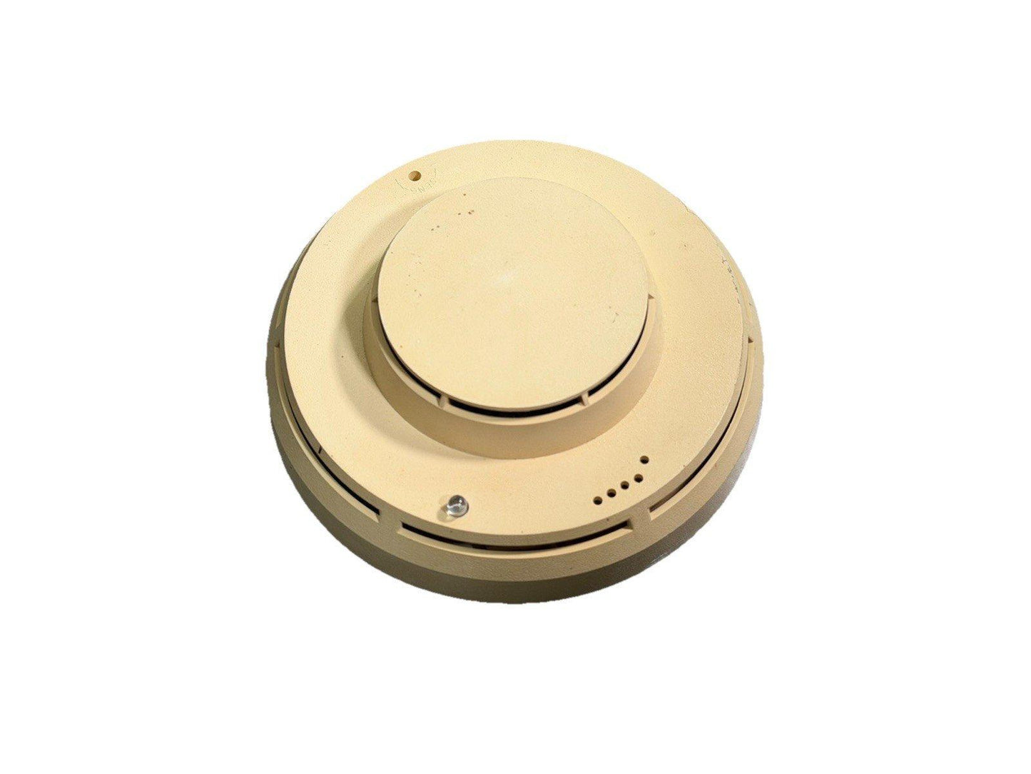 Beige smoke detector for fire alarm systems, circular design with mounting holes