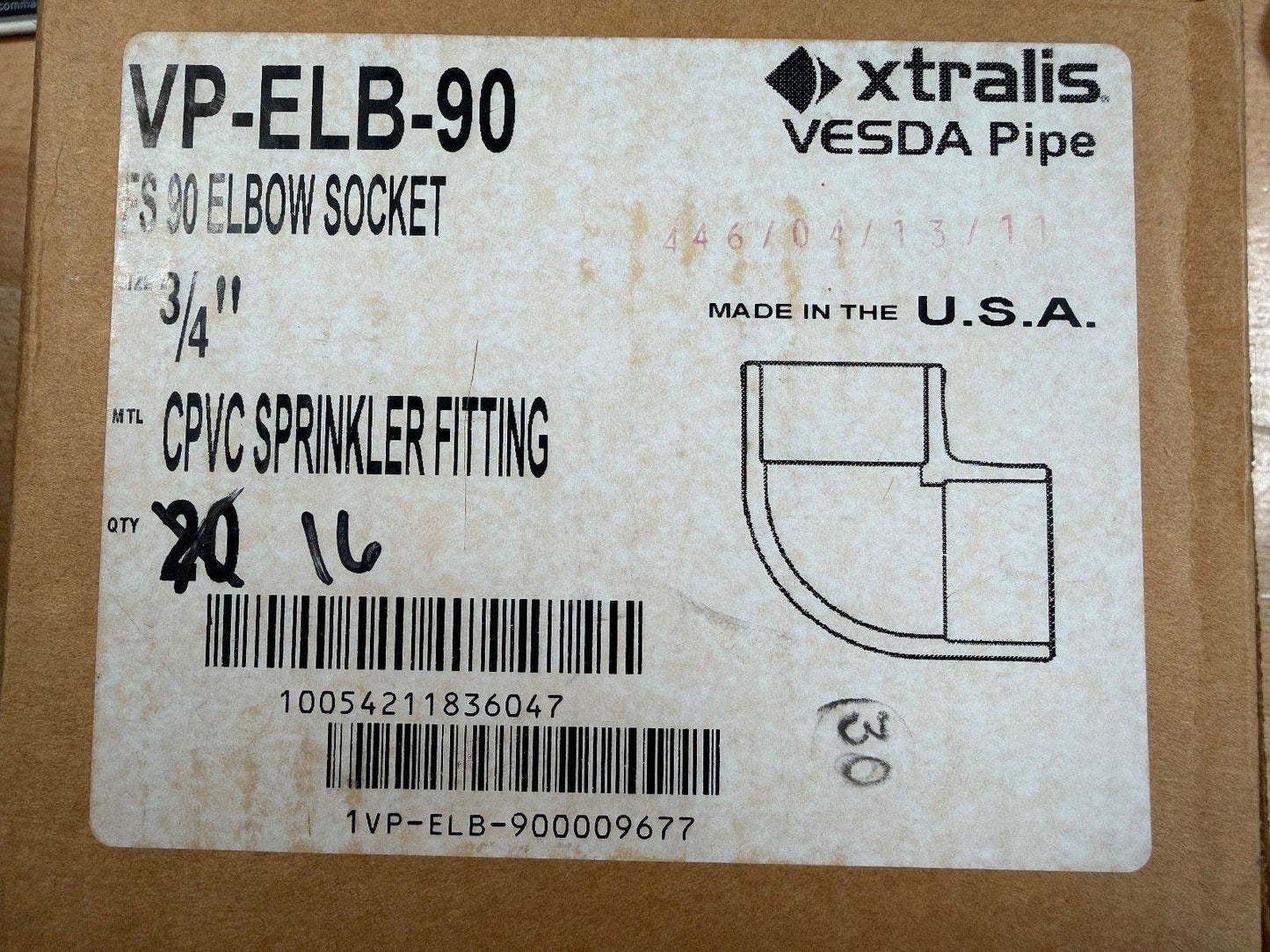 Xtralis VESDA VP-ELB-90 FS 90 Deg Elbow Socket CPVC Sprinkler Fitting LOT OF 16