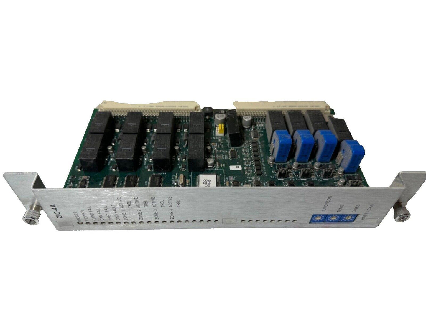 ZIC-4A fire alarm control module with zone indicators and blue DIP switches for commercial systems