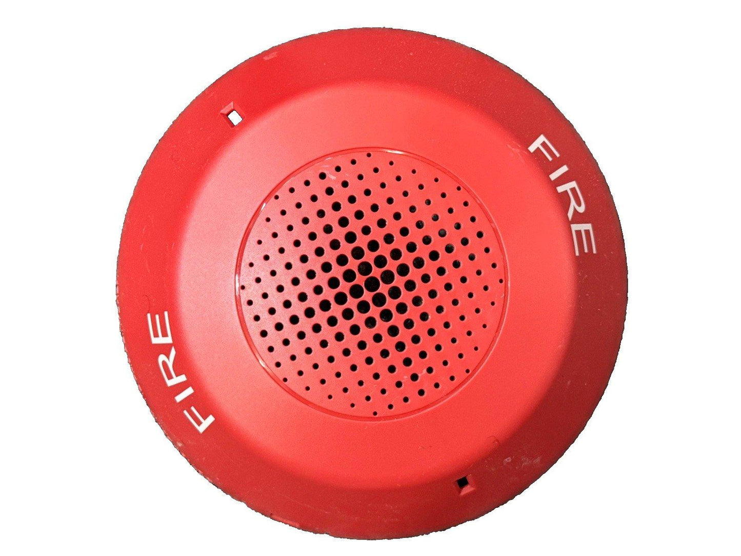 Red fire alarm horn with 'FIRE' text, circular design, perforated speaker grille for fire safety systems