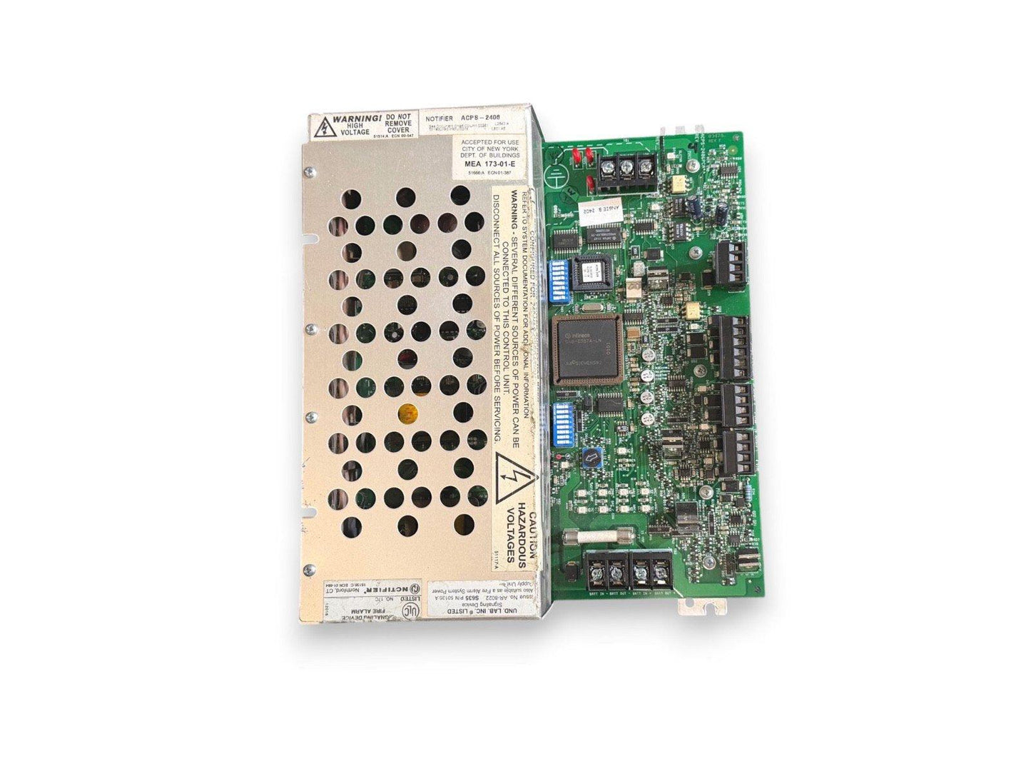 Notifier ACP8-2408 fire alarm control panel with green circuit board and metal enclosure