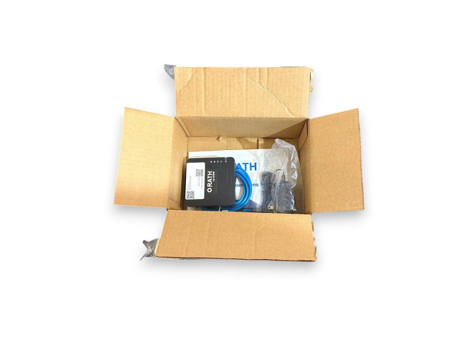 ORATH fire alarm control module with blue cable in open box, new surplus equipment