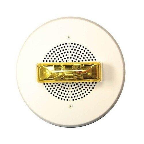 White fire alarm strobe with gold light, circular design, perforated speaker grille for emergency alerts