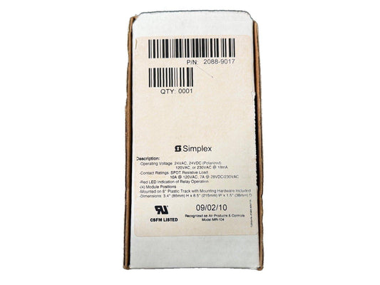 Simplex MR-104 fire alarm relay module box with specs, CSFM listed, for 24VAC/DC systems