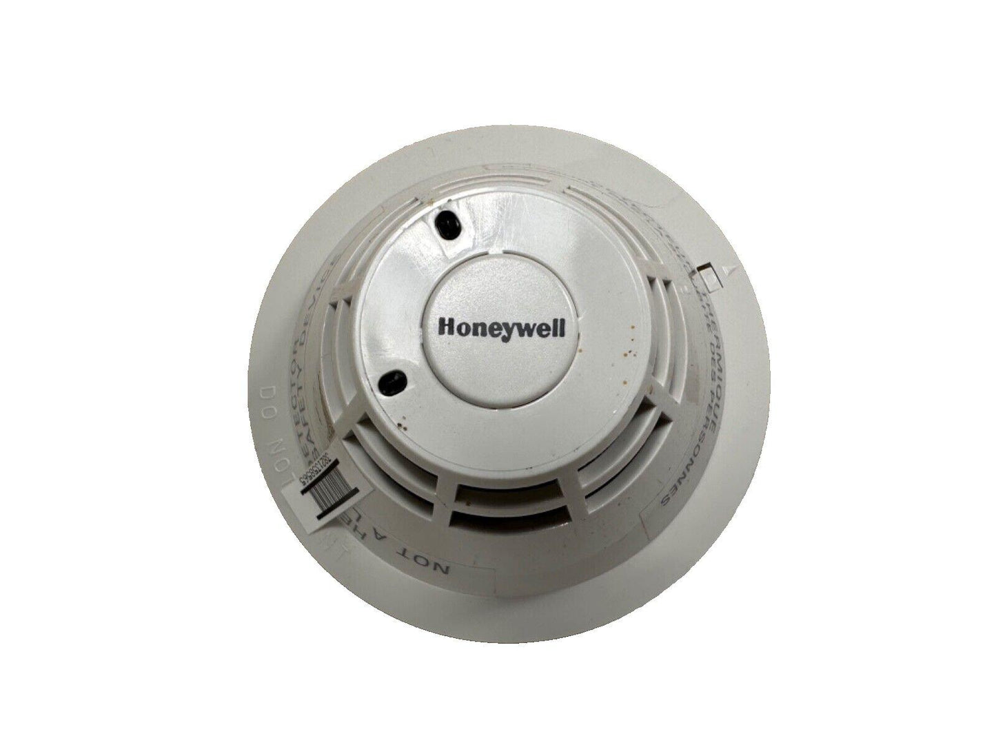 Honeywell smoke detector for fire alarm systems, white round safety device with vents and label