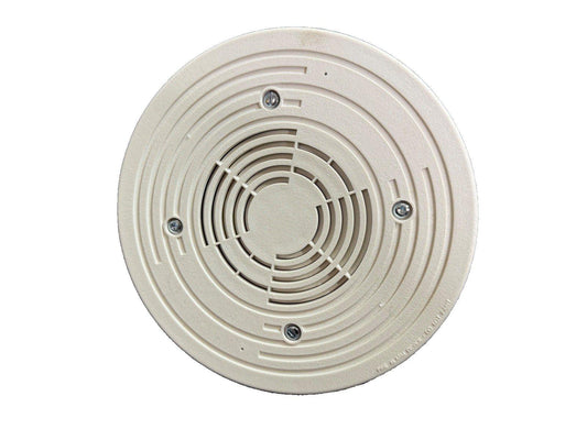 Beige fire alarm horn speaker with circular grille and mounting screws, for commercial or residential use