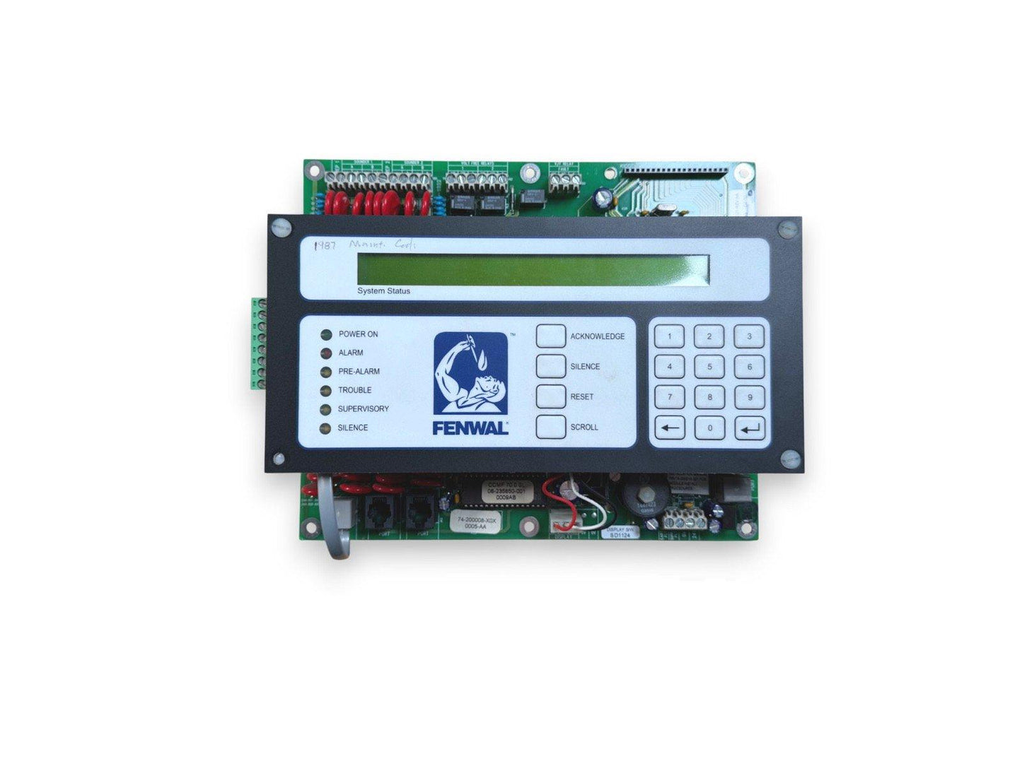 FENWAL fire alarm control panel with LCD display, keypad, and status indicators for system monitoring