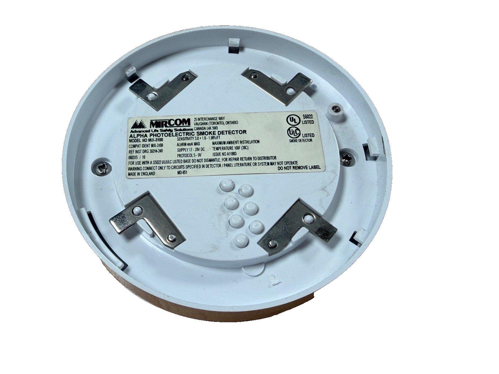 Mircom Alpha photoelectric smoke detector back view with UL listed label and mounting clips