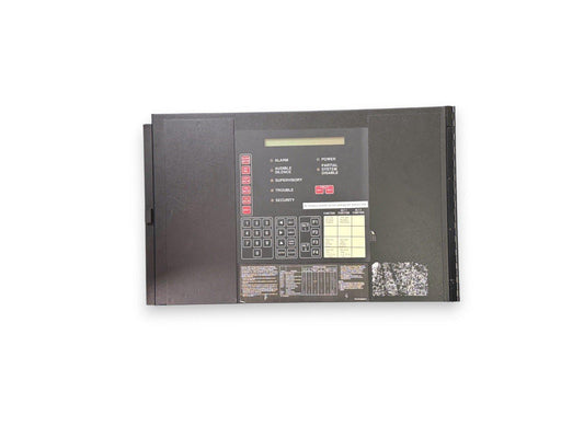 Fire alarm control panel with keypad, status indicators, and function buttons for system monitoring and security