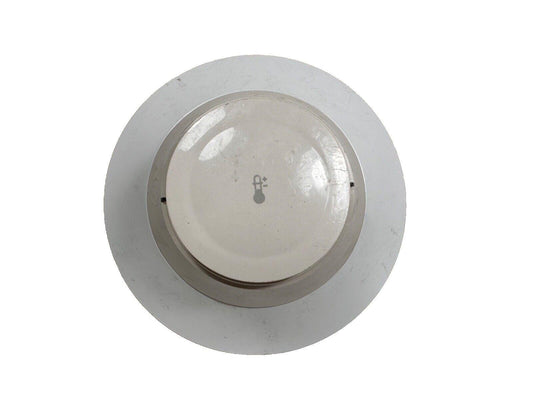 White ceiling-mounted fire alarm heat detector with temperature symbol
