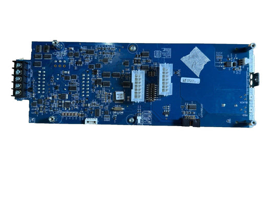Blue fire alarm control panel circuit board with connectors and relays for commercial security systems