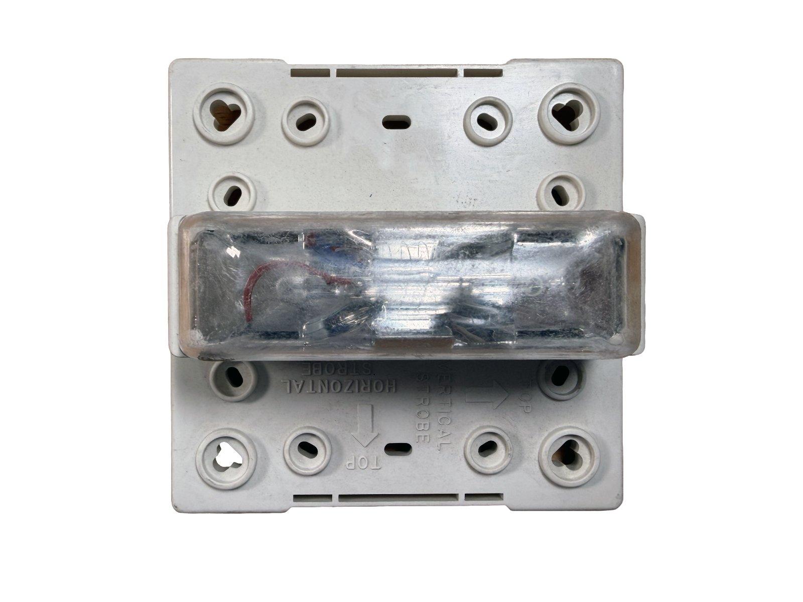 Fire alarm strobe light with clear lens and mounting holes, labeled horizontal/vertical strobe
