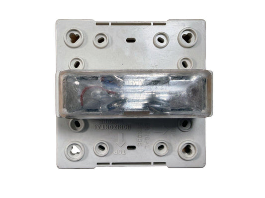Fire alarm strobe light with clear lens and mounting holes, labeled horizontal/vertical strobe