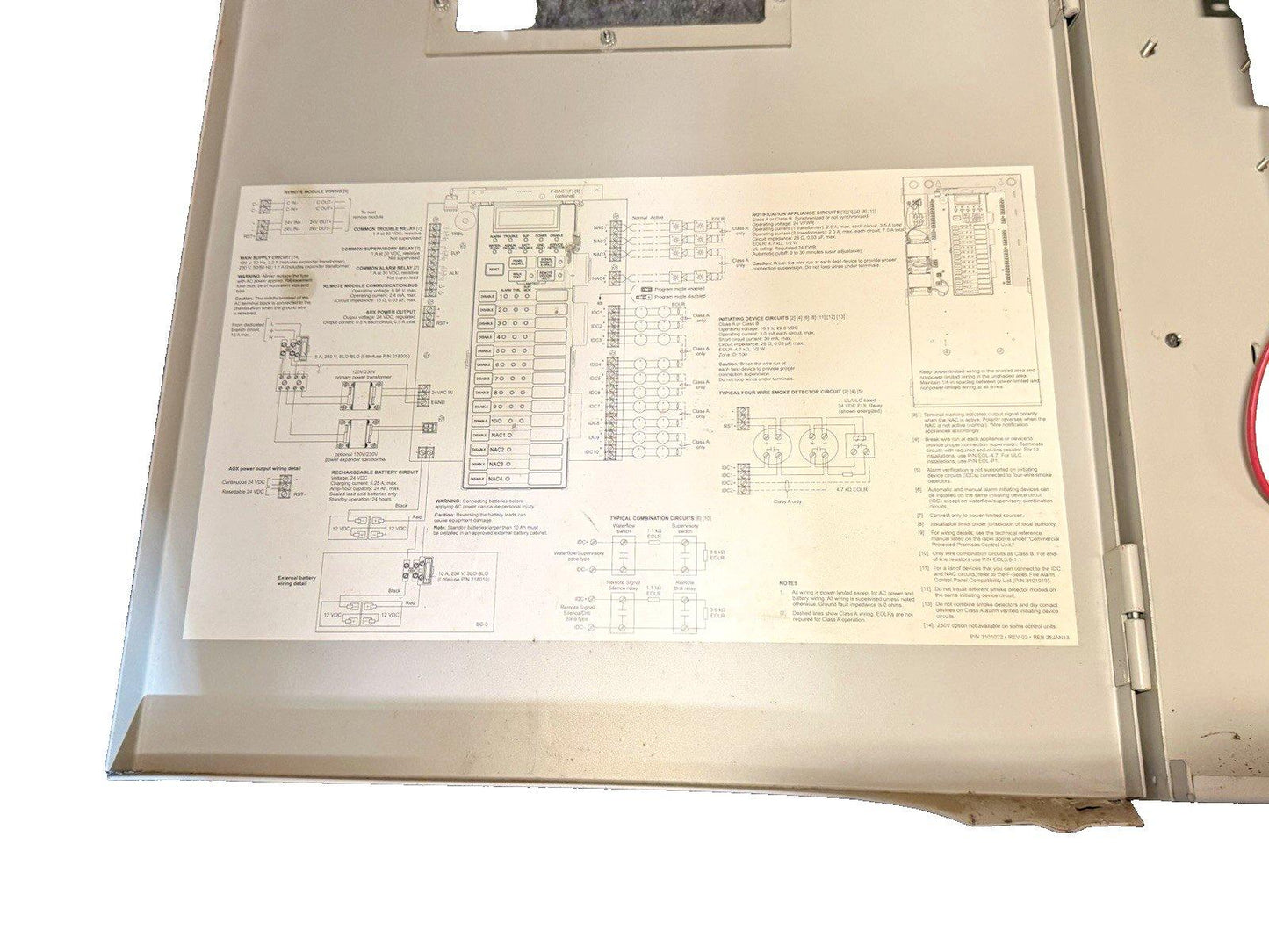 Fire alarm control panel wiring diagram with circuit labels and connection details for installation