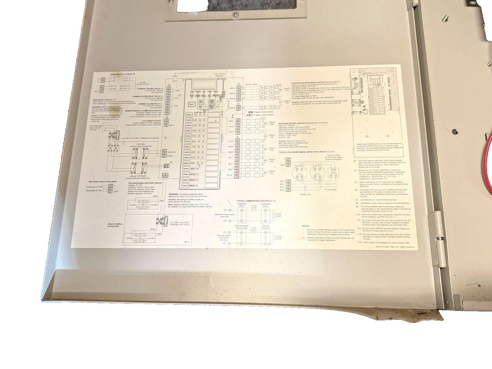 Fire alarm control panel wiring diagram with circuit labels and connection details for installation