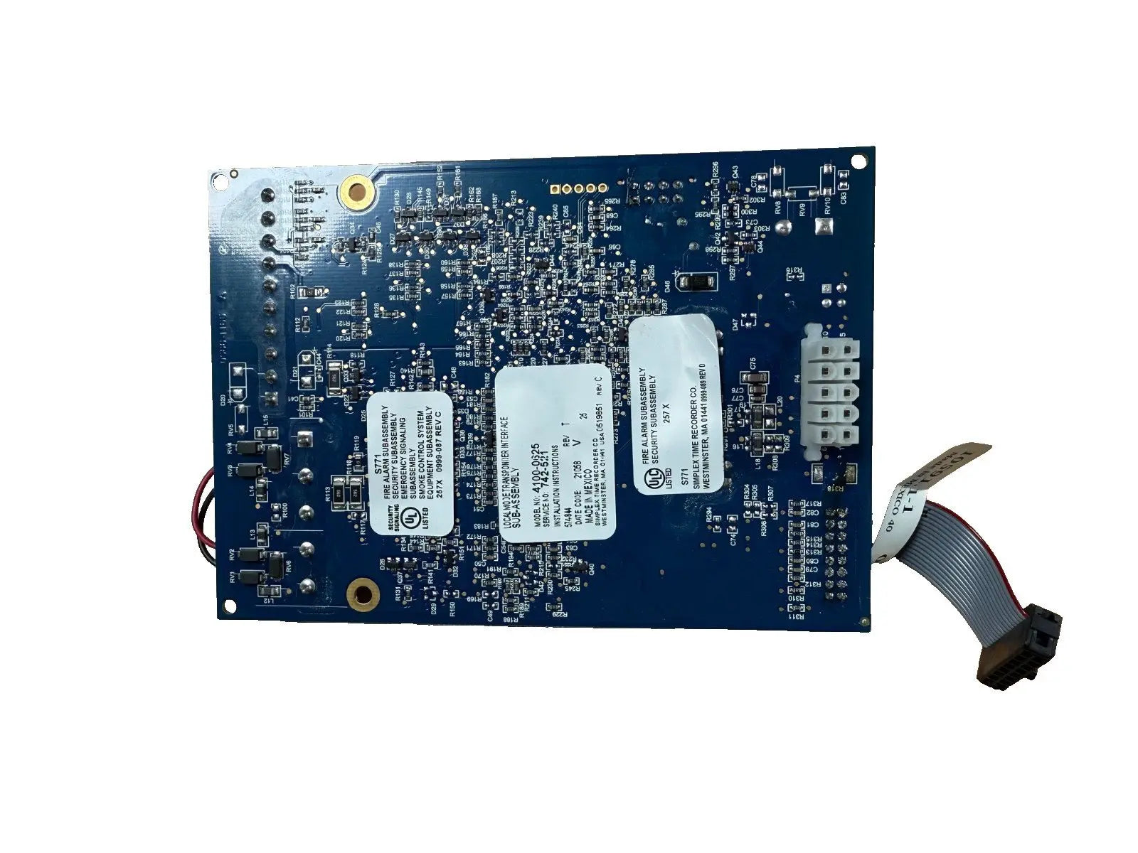 Blue circuit board featuring multiple components and connectors for the Simplex 4100-0625 Fire Alarm Local Mode Transponder Interface Module.