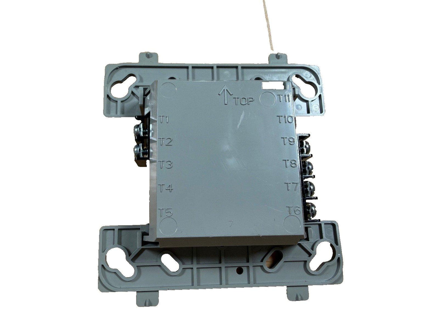 Fire alarm control module with terminal labels T1-T11, gray housing, mounting brackets