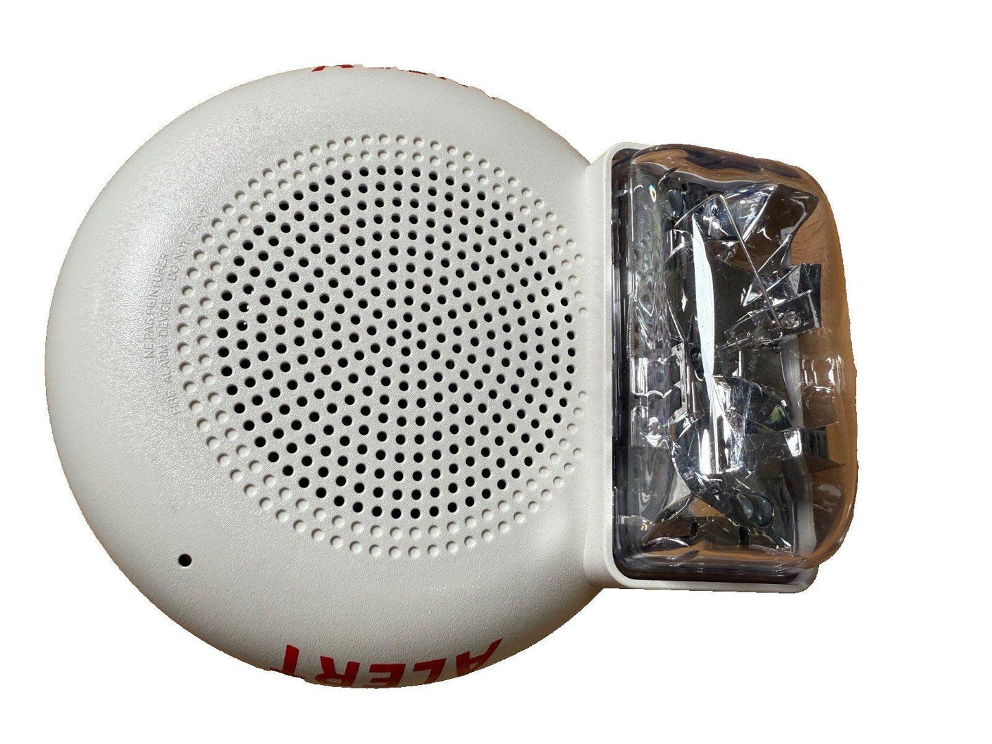 White fire alarm horn strobe with clear lens and perforated speaker grille for emergency alerts