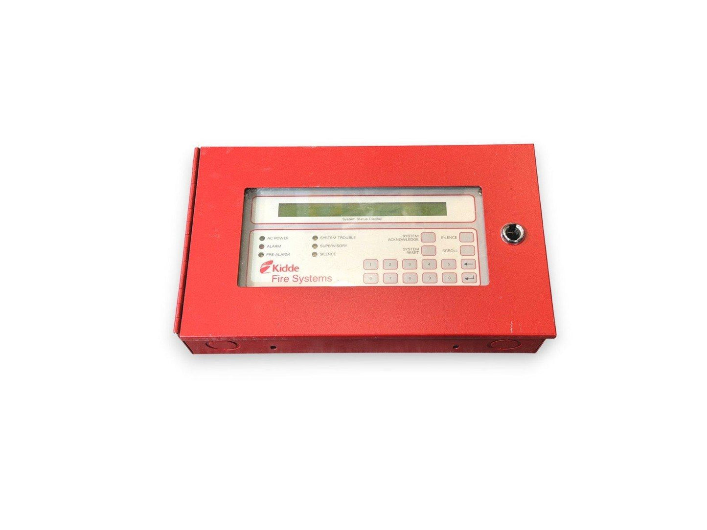 Red Kidde fire alarm control panel with digital display and keypad for fire safety systems