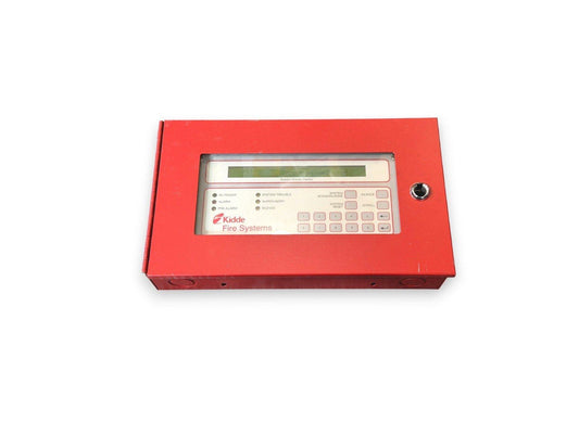 Red Kidde fire alarm control panel with digital display and keypad for fire safety systems