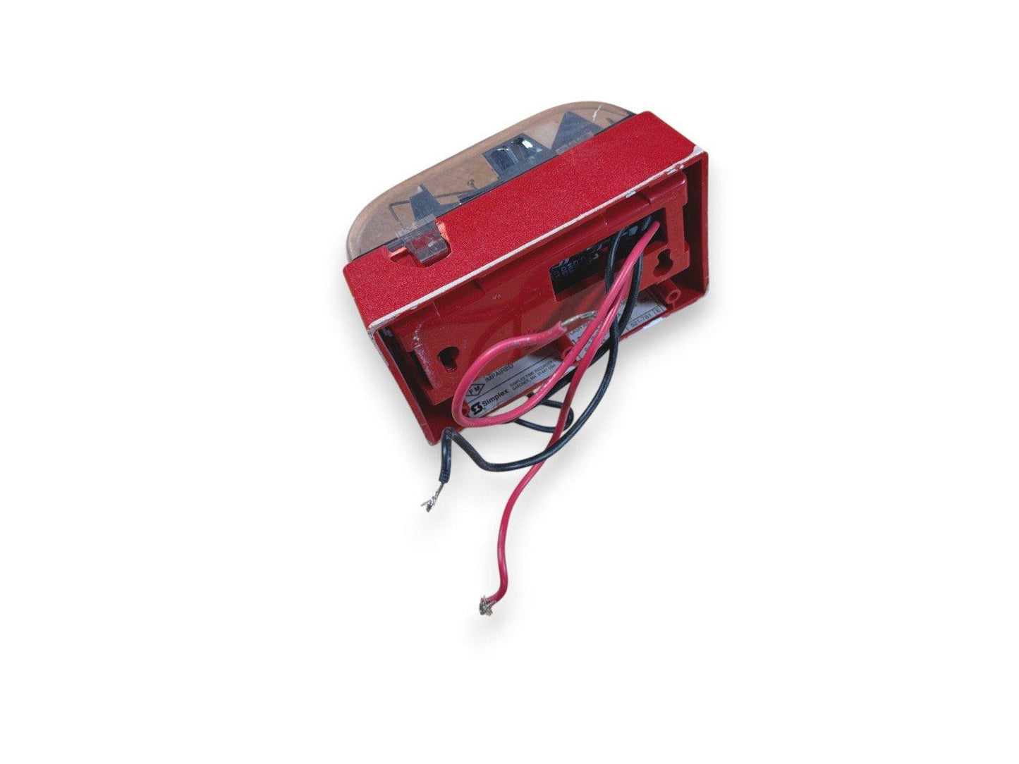 Red fire alarm strobe light with wiring, used fire safety equipment