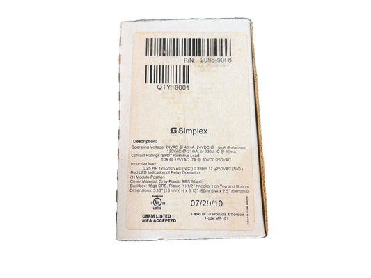 Simplex fire alarm relay module packaging with specs, UL listed, model MR-101, part 2088-9008