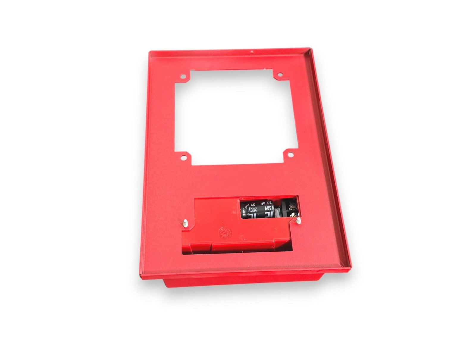Red fire alarm pull station cover with internal components visible, compatible with commercial fire safety systems