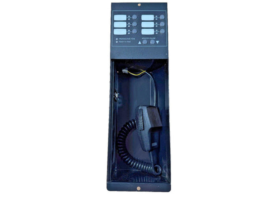 Fire alarm paging station with microphone, buttons, and volume controls for emergency communication systems