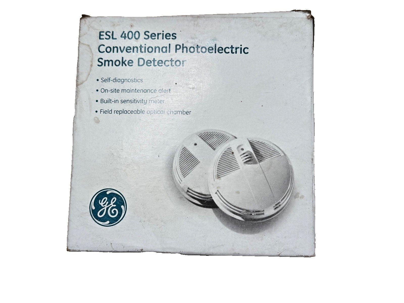 GE ESL 400 Series photoelectric smoke detector box with self-diagnostics and field-replaceable chamber
