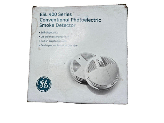 GE ESL 400 Series photoelectric smoke detector box with self-diagnostics and field-replaceable chamber