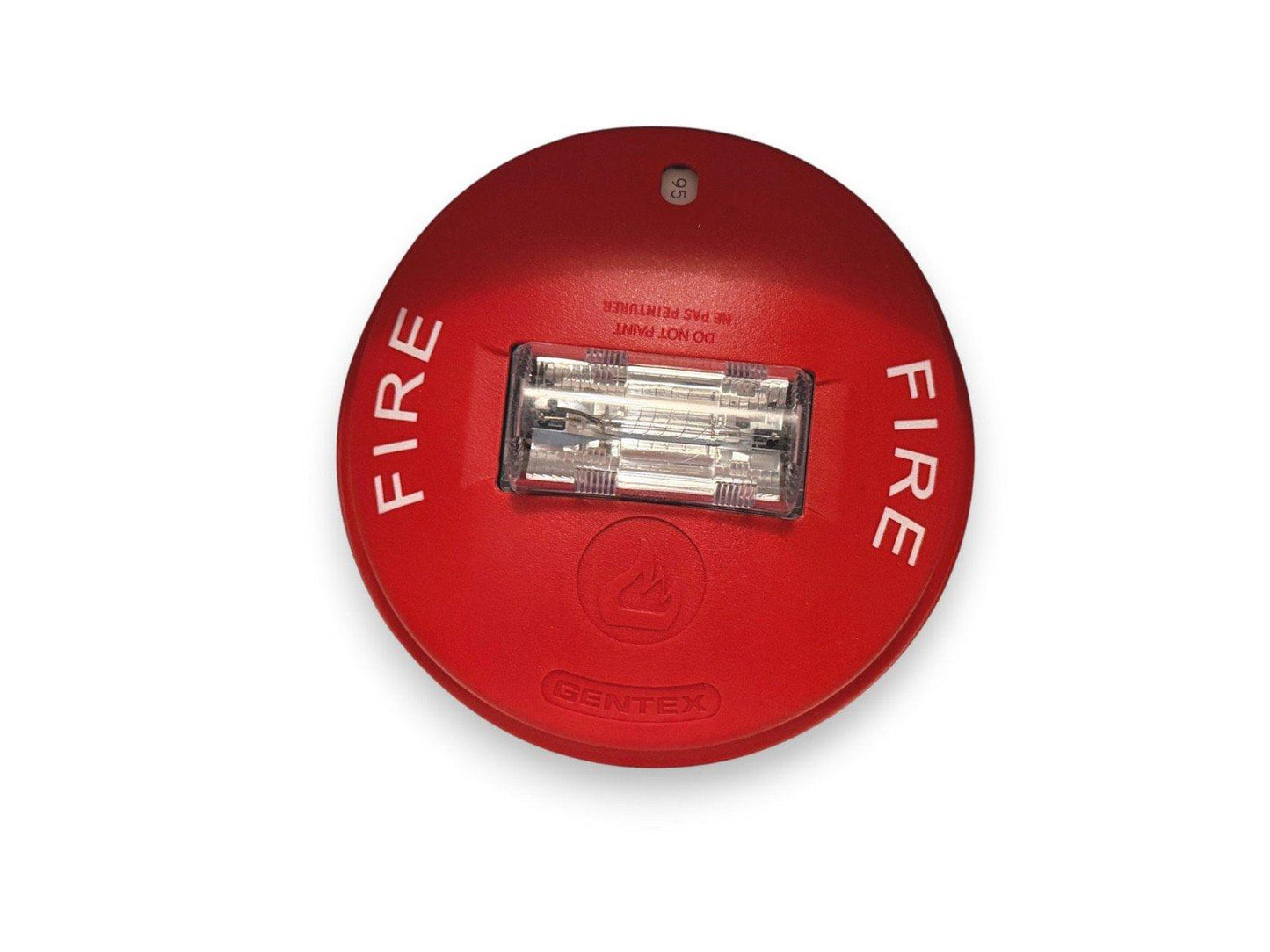 Red Gentex fire alarm strobe with 'FIRE' text and flame symbol, used in fire safety systems.