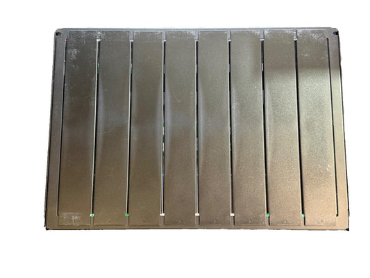 Used fire alarm control panel with eight vertical slots for modules, metallic gray finish