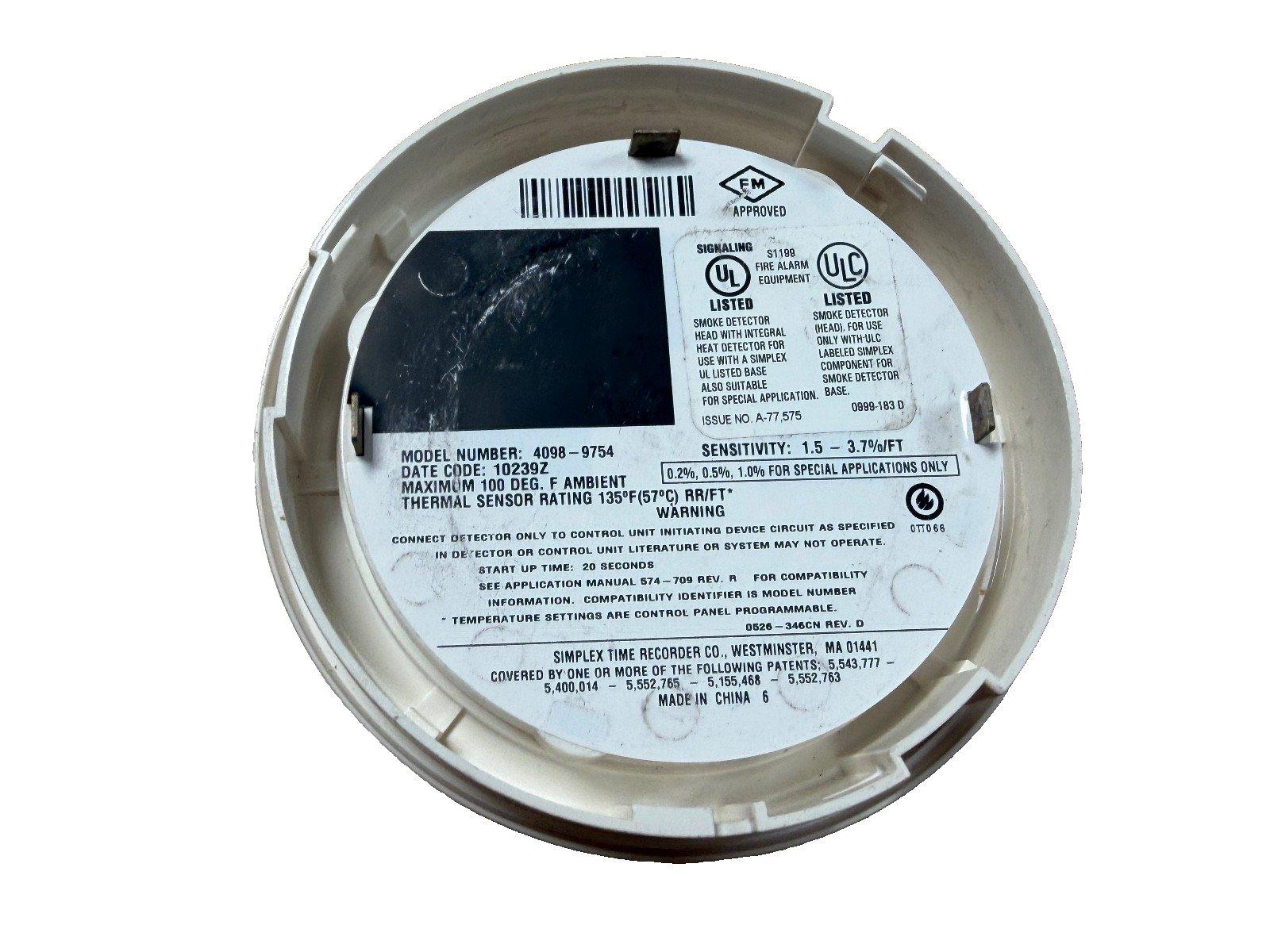 UL Listed smoke detector head with heat sensor, model 4098-9754, for fire alarm systems