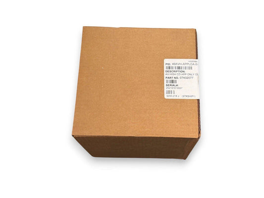 Cardboard box with fire alarm part label, PID 49AVH-APPLCA-B, part no. 07432077, serial #252191619937