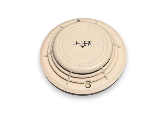 Beige V-I-E-W fire alarm detector with circular design and mounting base