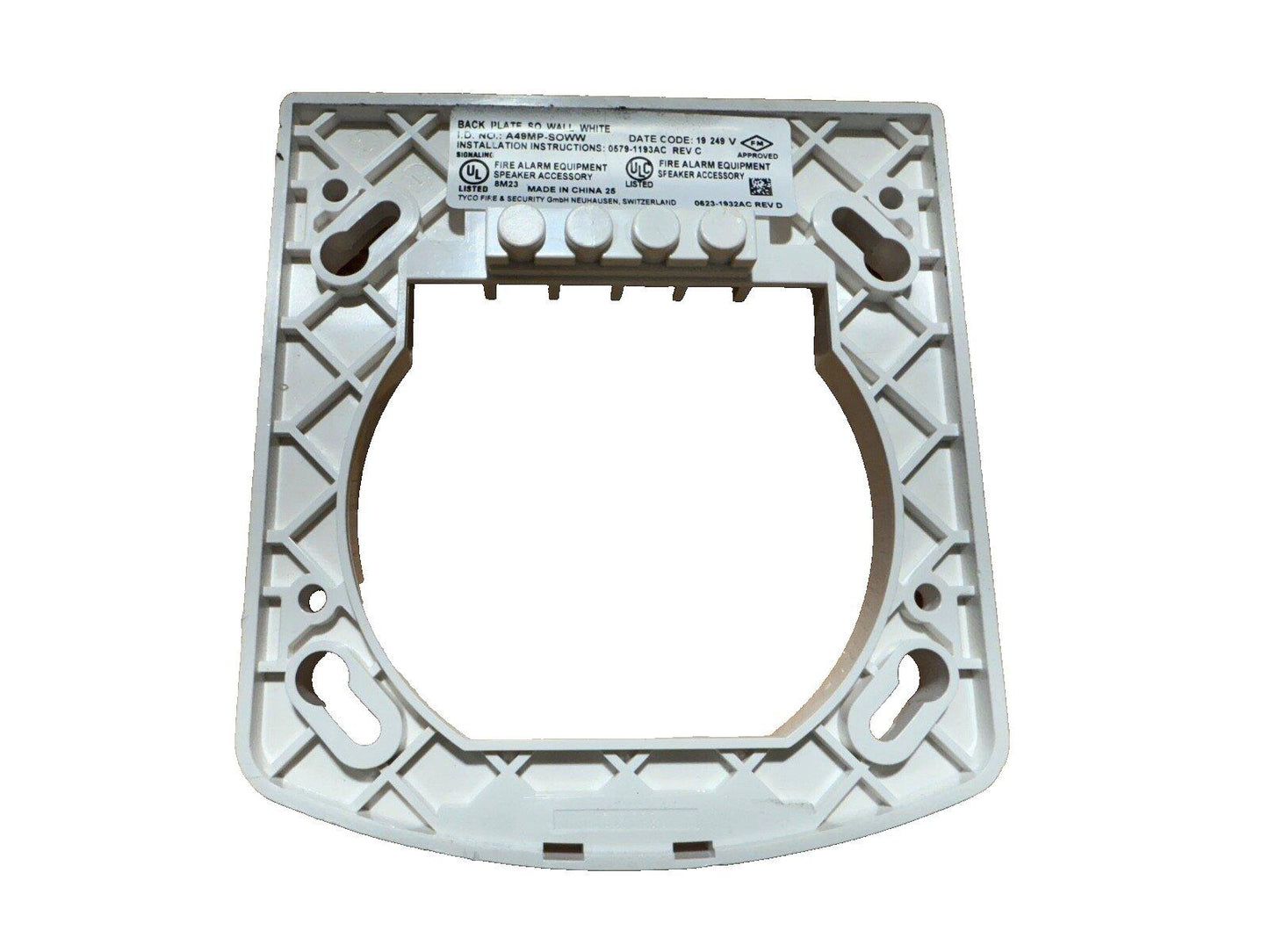 White fire alarm speaker backplate for wall mount, UL listed fire safety equipment accessory