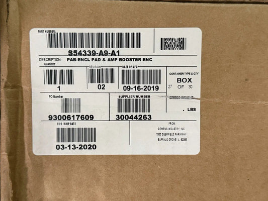Label on a cardboard box detailing the Siemens PAB-ENCL S54339-A9-A1 Pad & Amp Booster Enclosure specifications.