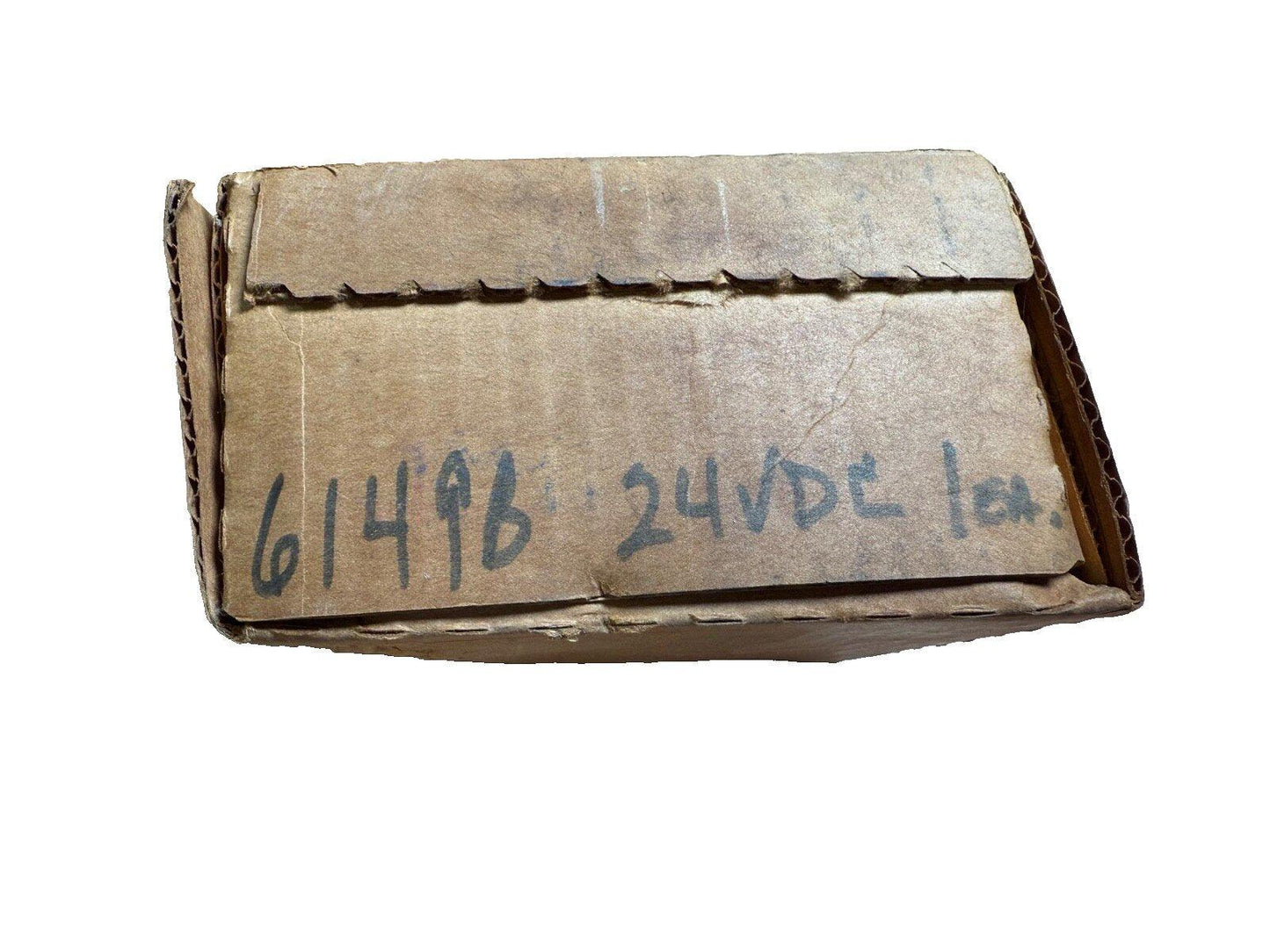 Used fire alarm component in cardboard box labeled 61496 24VDC, surplus equipment