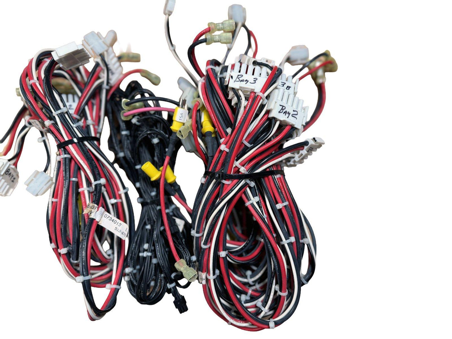 Fire alarm wiring harness with labeled connectors and color-coded cables for system installation