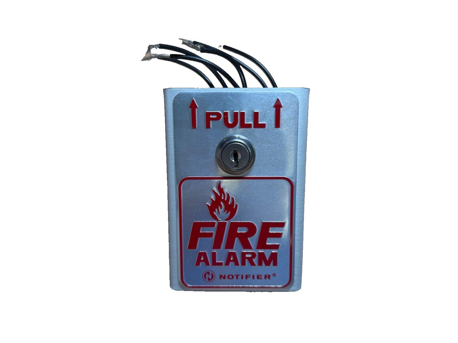 Notifier fire alarm pull station with red label and wiring for commercial safety systems