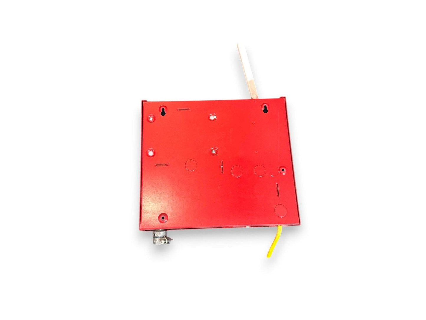 Red fire alarm control panel with mounting holes and yellow wire, for commercial safety systems
