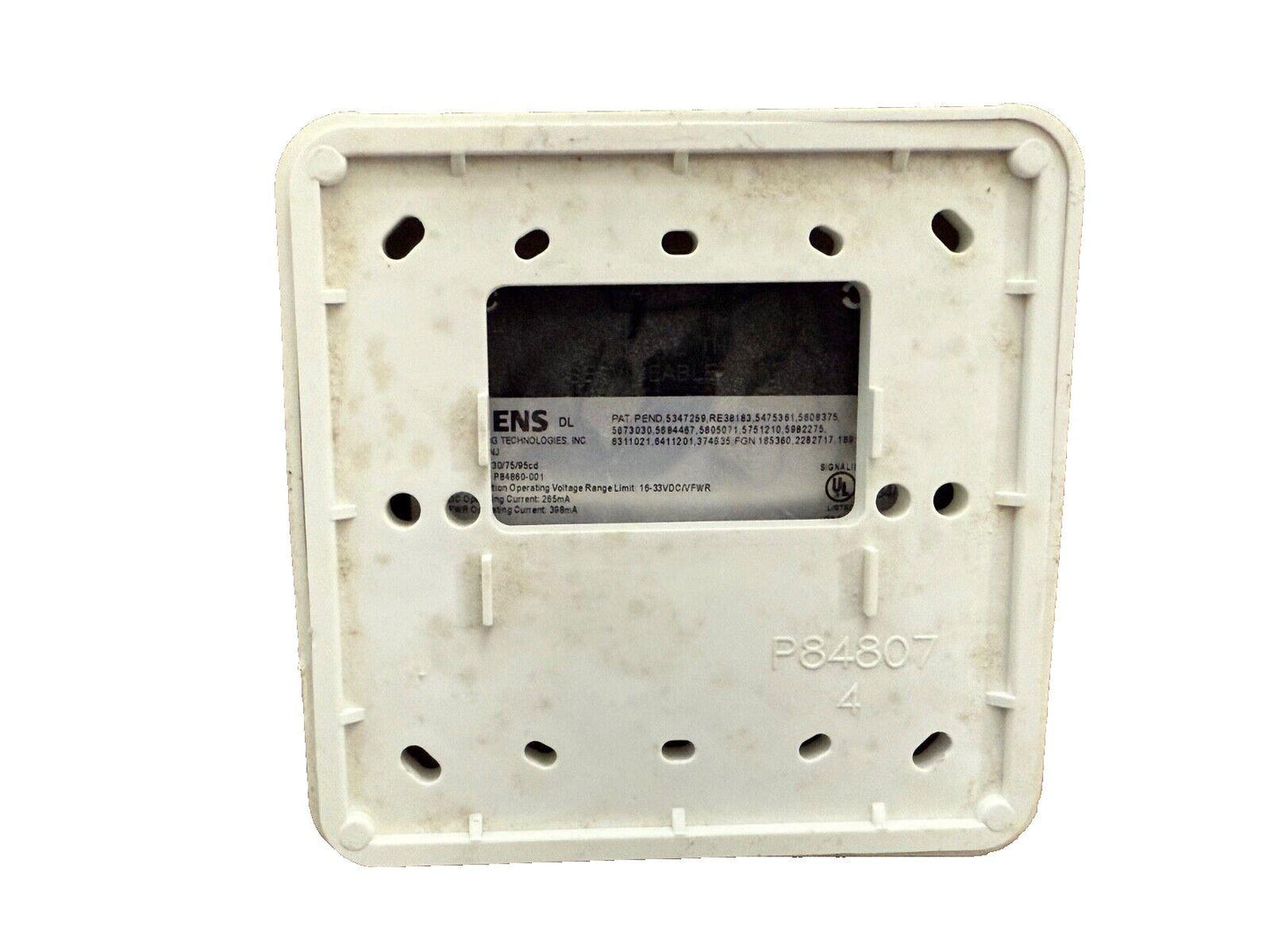 ENS DL fire alarm control panel backplate with mounting holes and specs label