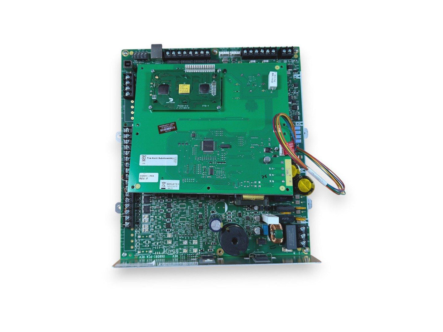 Fire alarm control panel circuit board with connectors and components for fire safety systems