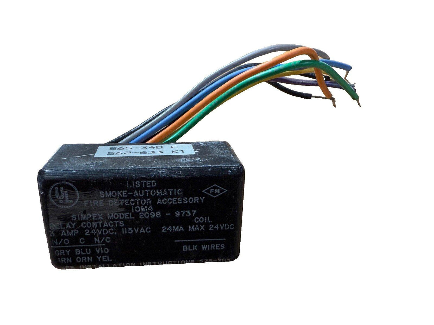 Simpex Model 2098-9737 fire alarm relay with multi-colored wires, UL listed smoke-automatic accessory