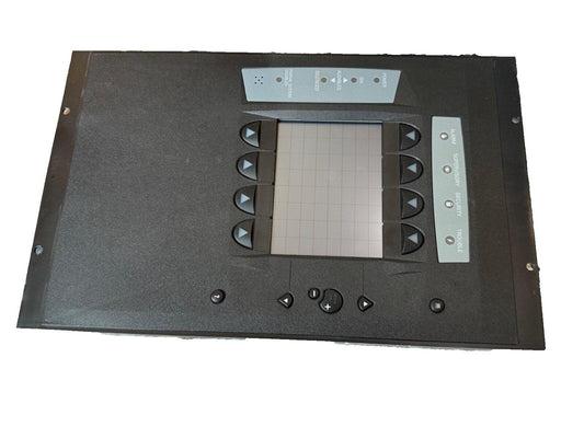 Fire alarm control panel with LCD display, status indicators, and navigation buttons for system monitoring