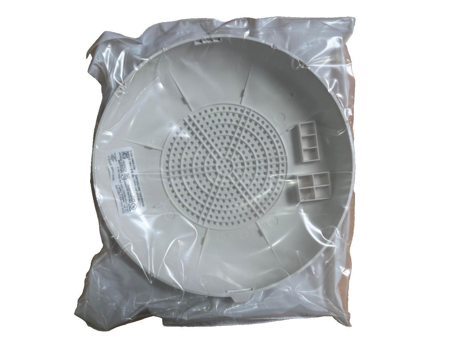 White fire alarm ceiling cover in plastic wrap, compatible with smoke detectors and fire safety systems