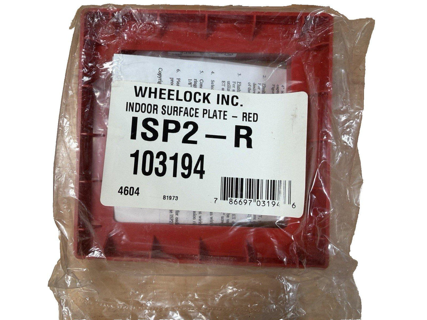 Red Wheelock ISP2-R indoor surface plate for fire alarm systems, model 103194, sealed in plastic