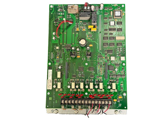 Fire alarm control panel circuit board with connectors and components for commercial systems